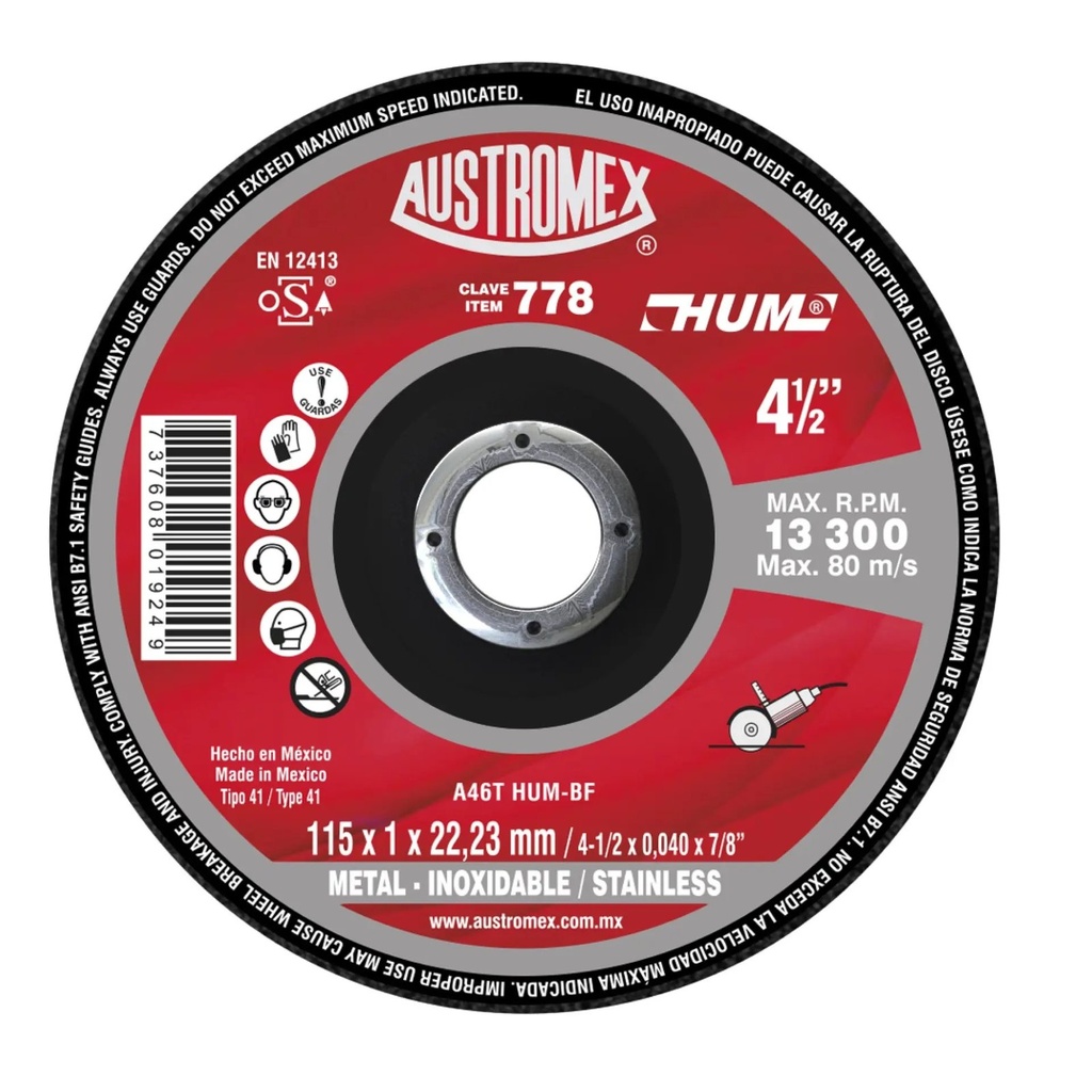 Disco Abrasivo Corte Extra Fino Metal, Acero Inoxodable 4 1/2" x 1 mm, Austromex [778]