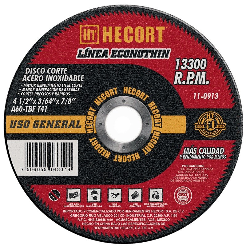 Disco Abrasivo Corte Acero Inoxidable, 4 1/2 x 3/64 x 7/8", T 41, Hecort [110913]