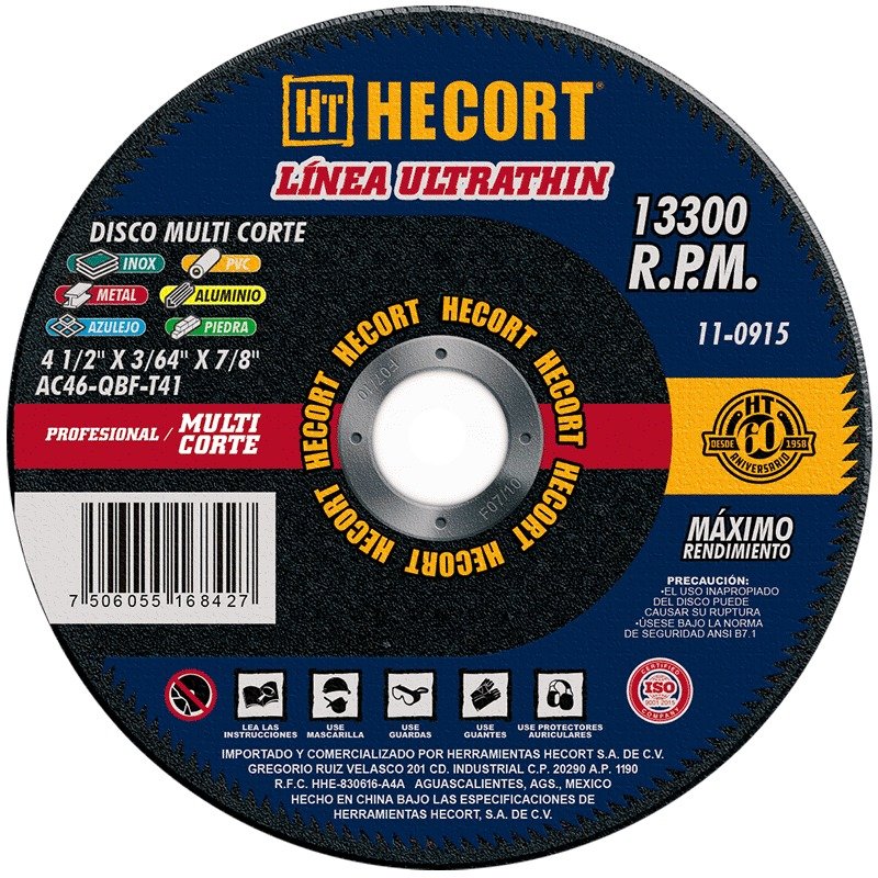 Disco Abrasivo Multicorte 4 1/2 x 3/64 x 7/8", T 41, Hecort [110915]