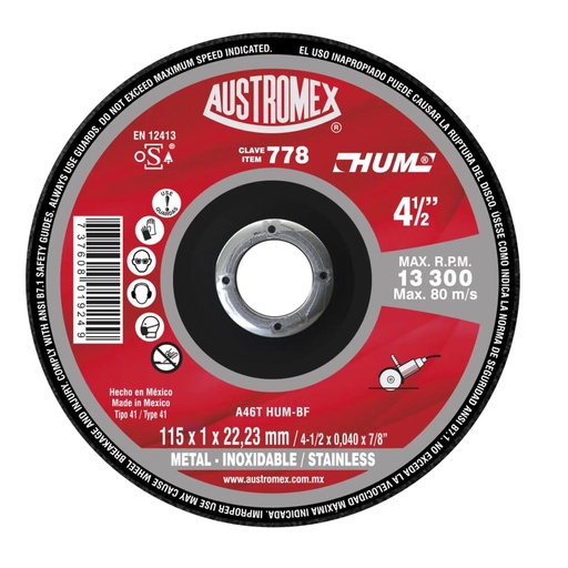 [778] Disco Abrasivo Corte Extra Fino Metal, Acero Inoxodable 4 1/2" x 1 mm, Austromex [778]