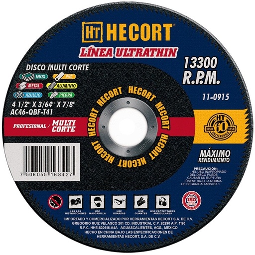 [110915] Disco Abrasivo Multicorte 4 1/2 x 3/64 x 7/8", T 41, Hecort [110915]